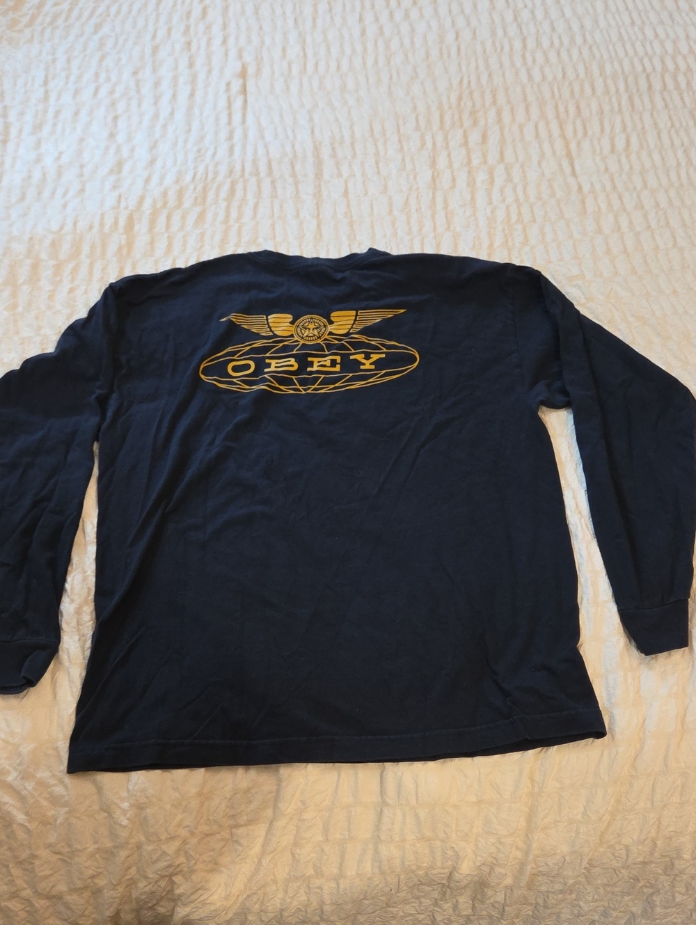 Obey Long Sleeve Shirt in Navy with Gold Logo